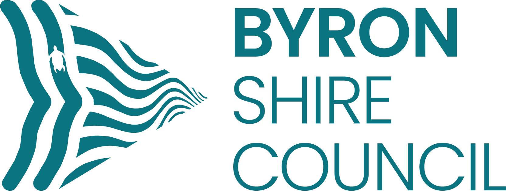 Teal logo with wavy lines forming a triangle shape and a small turtle inside, symbolizing inclusion, next to the words "BYRON SHIRE COUNCIL" in bold, uppercase letters—proudly supporting the NDIS.