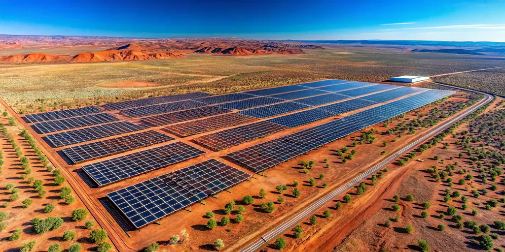 A large solar farm with rows of solar panels is situated in a dry, open landscape with sparse vegetation and red soil, supporting NDIS sustainability goals, surrounded by distant hills under a clear blue sky.