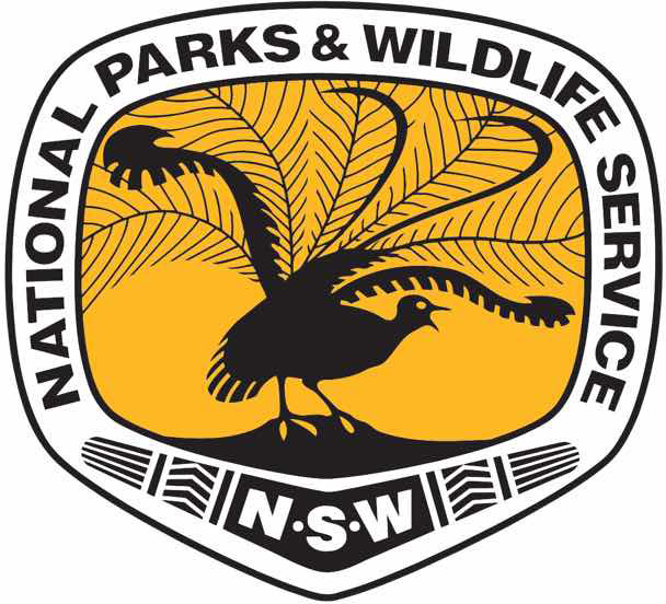 National Parks & Wildlife Service NSW logo featuring a black lyrebird silhouette with fanned tail feathers on a yellow background, encircled by the organization’s name and abbreviation "N.S.W" at the bottom—NDIS accessible.