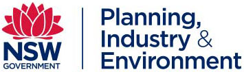 Logo of the NSW Government featuring a red waratah flower next to the text "Planning, Industry & Environment" in blue, highlighting support for NDIS initiatives.
