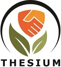 Logo with the word "THESIUM" below a graphic of two green leaves and an orange shield featuring a handshake, all enclosed by a partial black circle—symbolizing NDIS support and partnership.